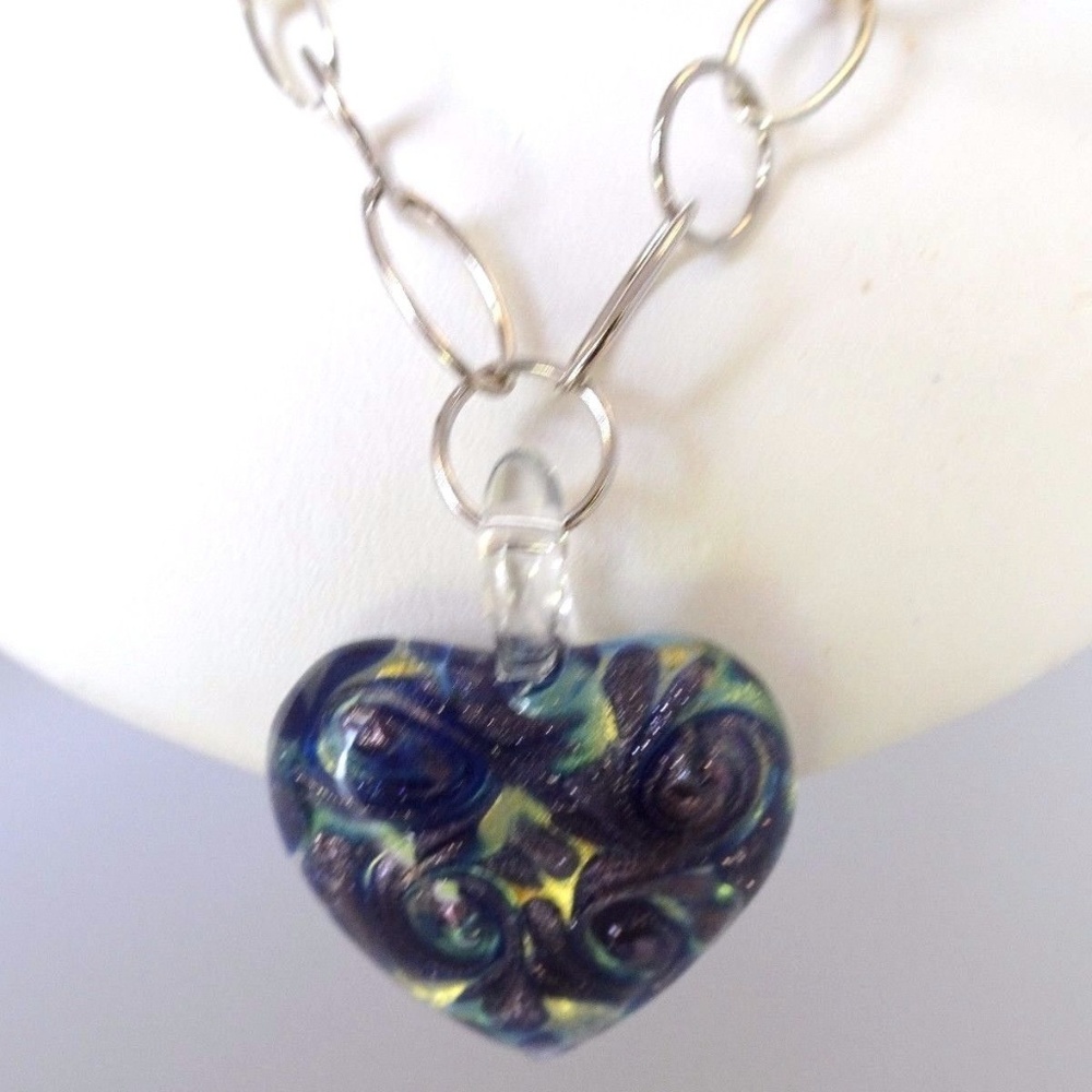 ITALIAN MURANO HEART Hanging On 925 &14K Necklace